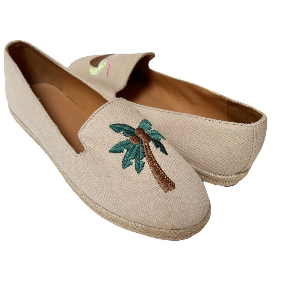 J Crew Factory Palm Tree Tropical Embroidered Slip-on Espadrilles Tan Canvas